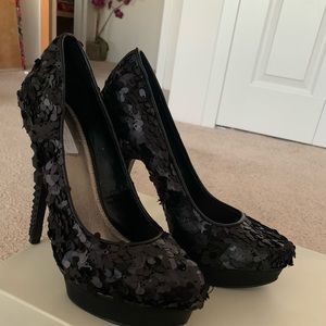 Black Sequin Stillettos with a one inch platform.